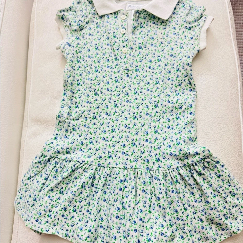 RALPH LAUREN Girls' Floral Stretch Mesh Polo Dress & Bloomers - Baby 18 mo GUC